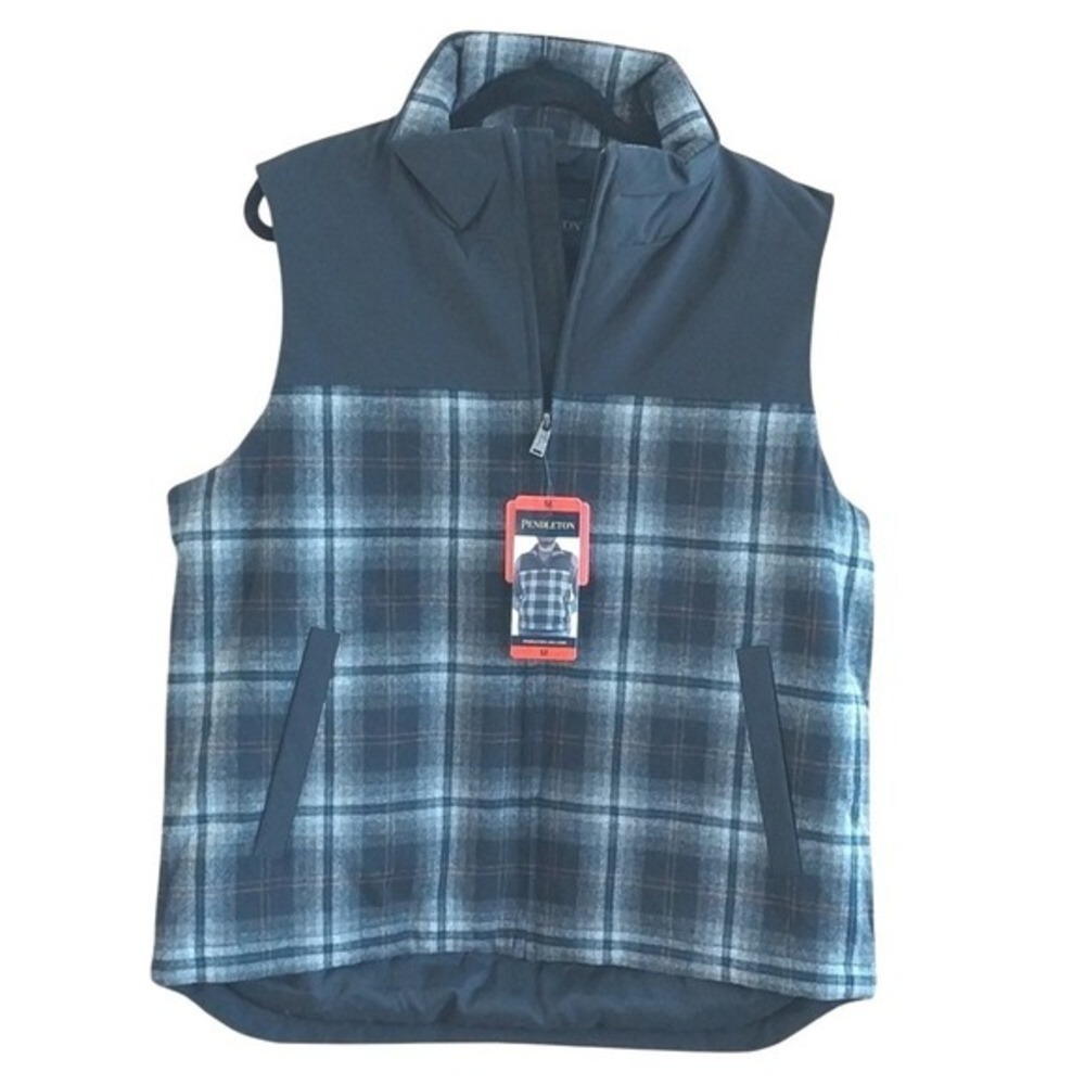 Pendleton NWT Men's Size Medium Black Gray Plaid‎ Full Zip Wool Rich Blend Vest